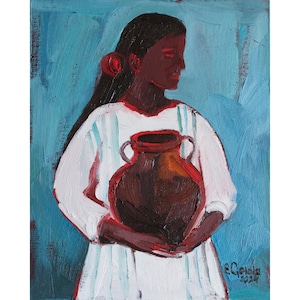 Woman with Jug Original Oil Painting Abstract Portrait Art Minimalist Female Painting Art Boho Style Woman Art Modern Art by Eugenia Ciotola