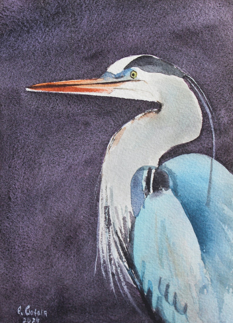 Heron Painting Original Watercolor Heron Wall Art Bird Miniature Art Bird Painting Great Blue Heron Art Coastal Art Beach Farmhouse Decor image 3