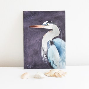 Heron Painting Original Watercolor Heron Wall Art Bird Miniature Art Bird Painting Great Blue Heron Art Coastal Art Beach Farmhouse Decor image 4