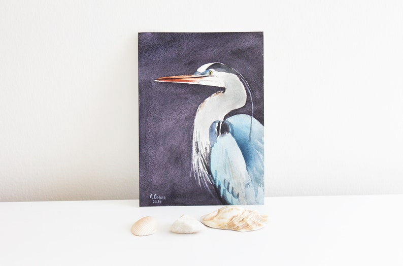 Heron Painting Original Watercolor Heron Wall Art Bird Miniature Art Bird Painting Great Blue Heron Art Coastal Art Beach Farmhouse Decor image 4