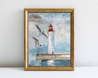 Peinture à l'huile phare, art original, paysage marin, art nautique, oeuvre côtière par Eugenia Ciotola