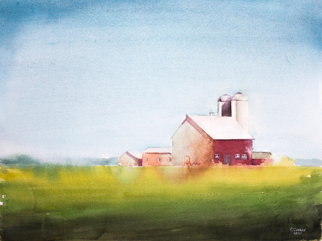 Original Watercolor Painting: Red Barn Farmhouse Landscape Art (12x16 ...