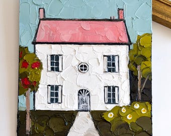 Farmhouse Oil Painting: Textured French Cottage Art, Whimsical Wall Decor, Storybook Artwork