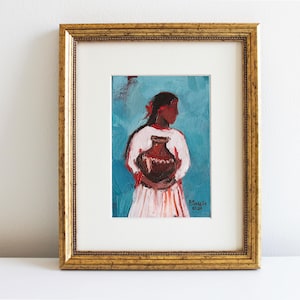 Woman with Jug Original Oil Painting Abstract Portrait Art Minimalist Female Painting Art Boho Style Woman Art Modern Art by Eugenia Ciotola