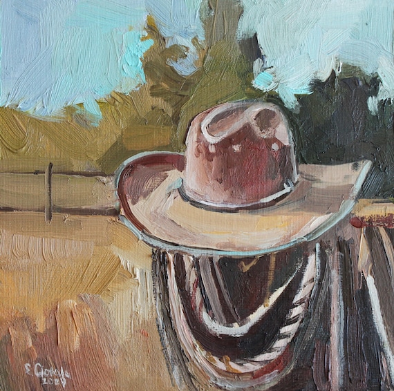 Cowboy Hat Oil Painting: Western Ranch Wall Art (8x8 inches)