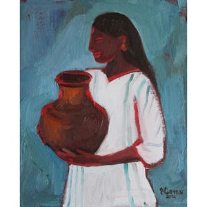 Woman with Jug Original Oil Painting Abstract Portrait Art Minimalist Female Painting Art Boho Style Woman Art Modern Art by Eugenia Ciotola