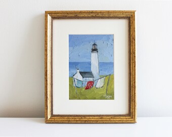 Lighthouse Oil Painting Clothesline Coastal Art Seascape Nautical Art Nordic Original Landscape Impasto Painting Eugenia Ciotola
