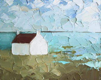 May include: An oil painting on canvas featuring a white cottage with a dark red roof situated on a textured brown landscape. The background displays a light blue sea and a sky filled with thick, impasto-style white and blue clouds.