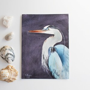 Heron Painting Original Watercolor Heron Wall Art Bird Miniature Art Bird Painting Great Blue Heron Art Coastal Art Beach Farmhouse Decor image 2