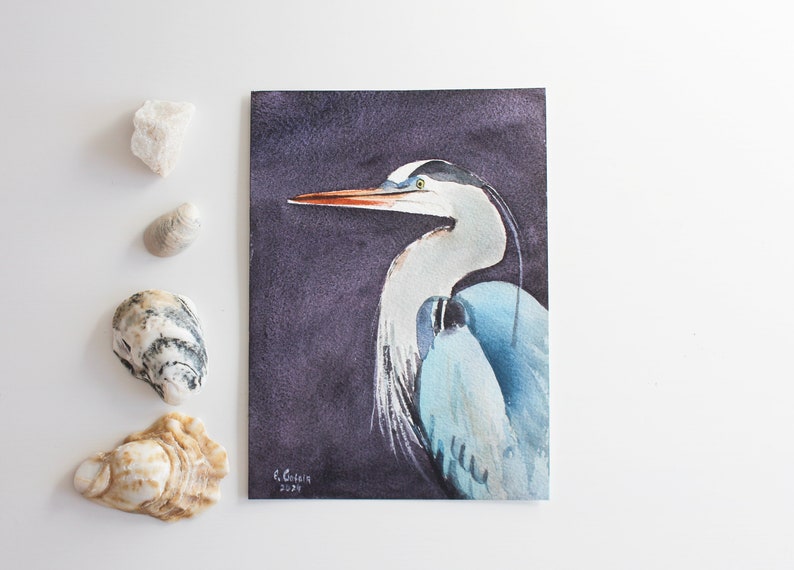 Heron Painting Original Watercolor Heron Wall Art Bird Miniature Art Bird Painting Great Blue Heron Art Coastal Art Beach Farmhouse Decor image 2