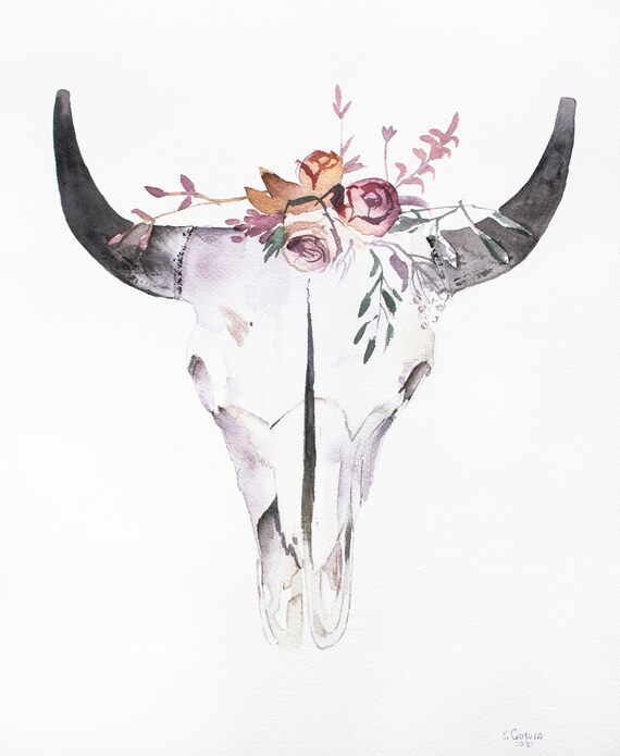 Bull Scull Painting Original Art Boho Painting Watercolor - Etsy
