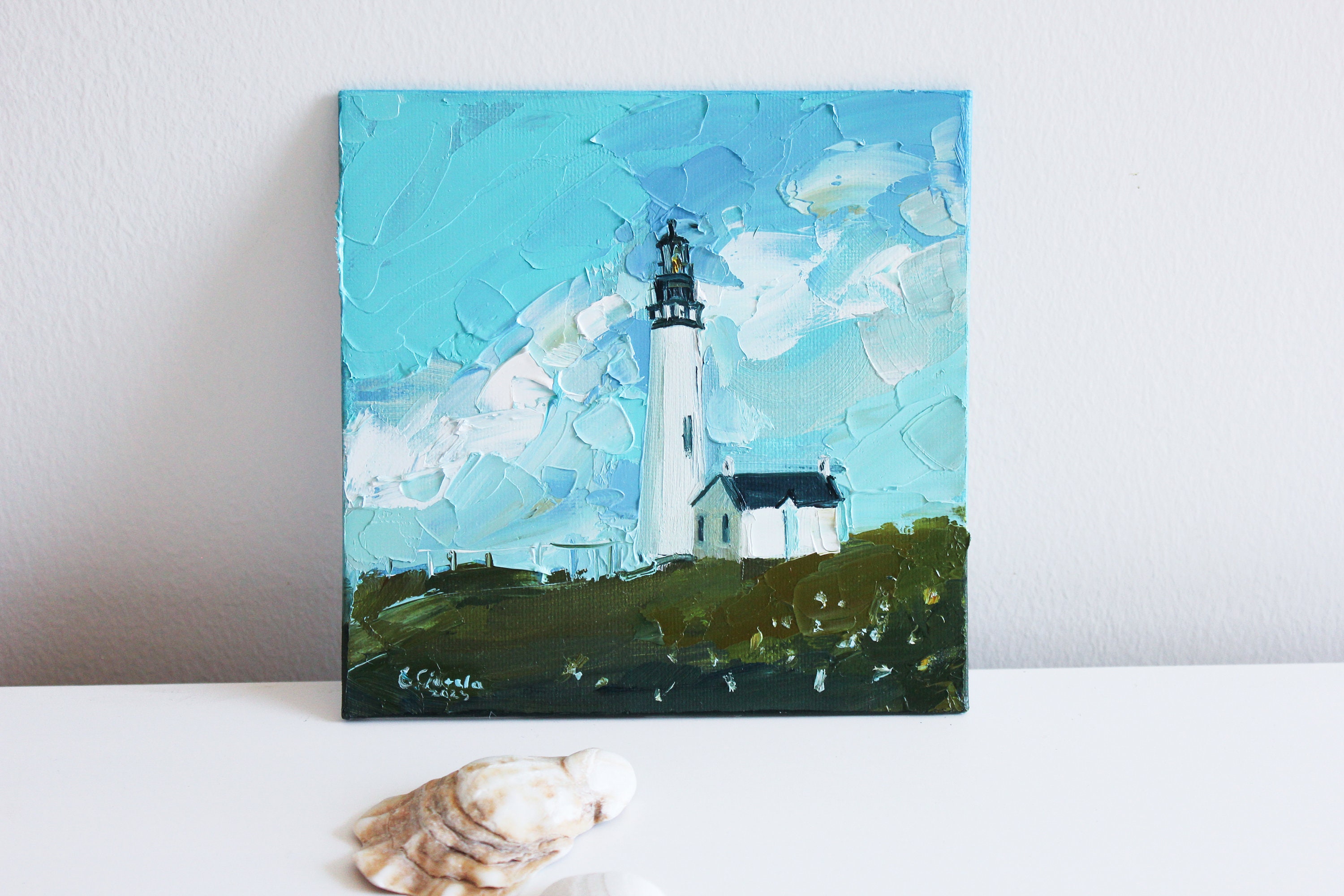 Lighthouse Painting Oil Original Art Small Landscape Nautical Artwork Miniature Painting Lighthouse Decor Oregon Coast Wall Art Scenic Art