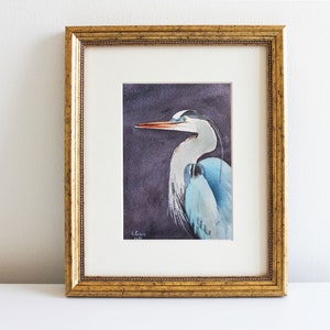 Heron Painting Original Watercolor Heron Wall Art Bird Miniature Art Bird Painting Great Blue Heron Art Coastal Art Beach Farmhouse Decor image 1