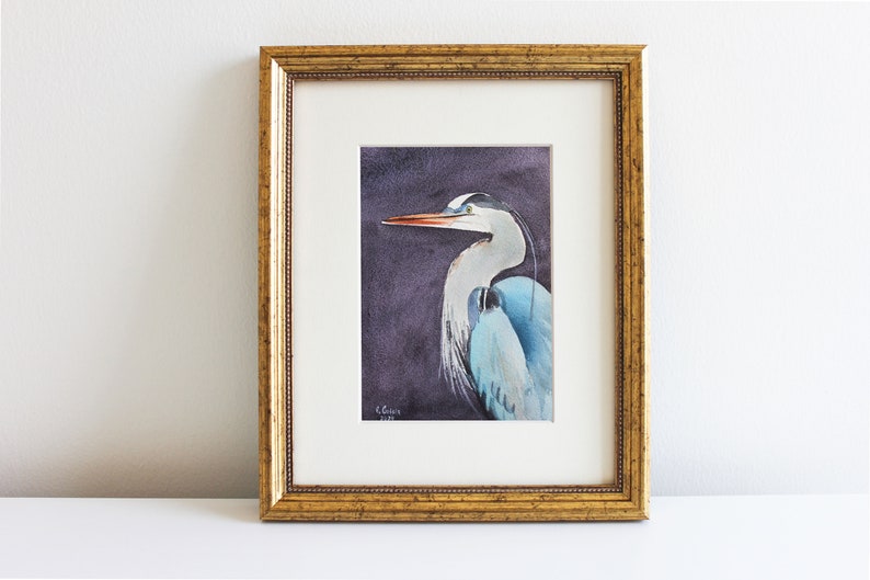 Heron Painting Original Watercolor Heron Wall Art Bird Miniature Art Bird Painting Great Blue Heron Art Coastal Art Beach Farmhouse Decor image 1