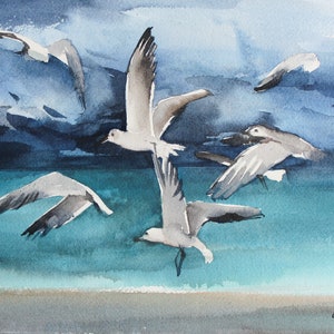 Seagull Painting: Original Seascape Watercolor, Coastal Bird Art (8x10)