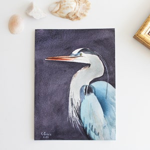 Heron Painting Original Watercolor Heron Wall Art Bird Miniature Art Bird Painting Great Blue Heron Art Coastal Art Beach Farmhouse Decor image 5