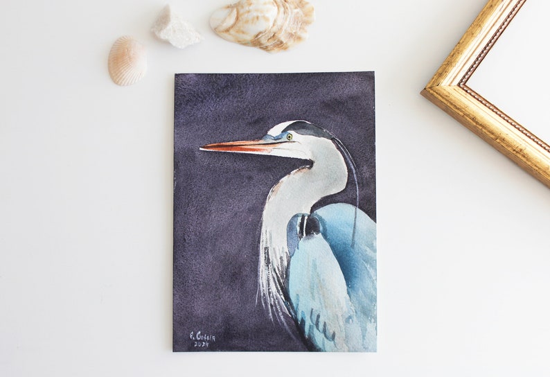 Heron Painting Original Watercolor Heron Wall Art Bird Miniature Art Bird Painting Great Blue Heron Art Coastal Art Beach Farmhouse Decor image 5