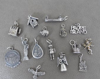 Your Choice Vintage Charms, Sterling Silver Charm, Slot Machine, Statue of Liberty, Pig, Crown, Santa, Niagara Falls, Angel, Birdhouse