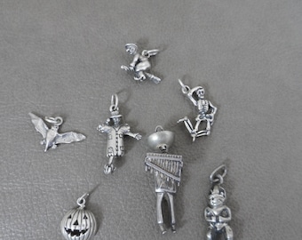 Your Choice Halloween Charms for Necklace or Bracelet, Sterling Silver Charms, Witch, Jack O' Lantern, Skeleton, Bat, Mummy, Scarecrow
