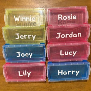 Reusable Boxes for Crayons - stackable, hard plastic, fully closeable, and personalized!