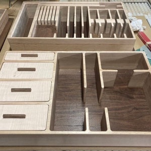 Custom Drawer Organizers with storage for baggies, ziplocks, and more!  Custom made from walnut, maple, and other hardwoods!