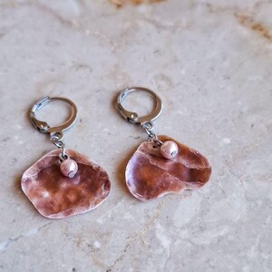 May include: A pair of earrings featuring silver-toned hoop closures with dangling, irregular, translucent brown shell-like pendants. Each pendant is accented with a small, round, pale pink bead attached to the silver-toned metal loop.