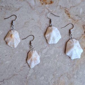 Op de afbeelding: Twee paar hangende oorbellen met natuurlijke witte napjesschelpen bevestigd aan zilverkleurige metalen haken. Elke schelp heeft een unieke, onregelmatige kegelvorm met subtiele ribbels en een glad, gebroken wit tot crèmekleurig oppervlak.