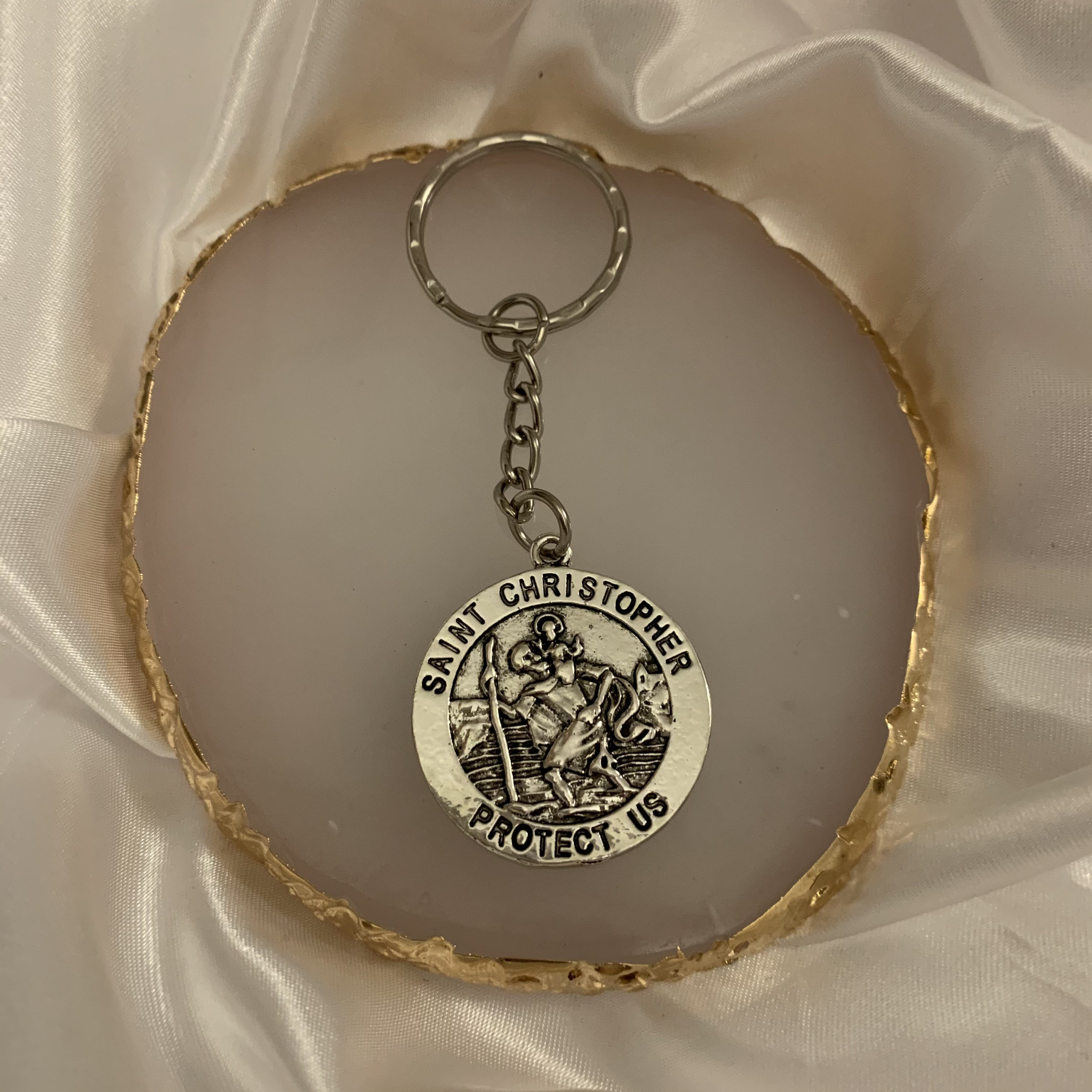 Two-sided Saint Christopher and Saint Michael Gold Embossed Acrylic Key Chain 4 