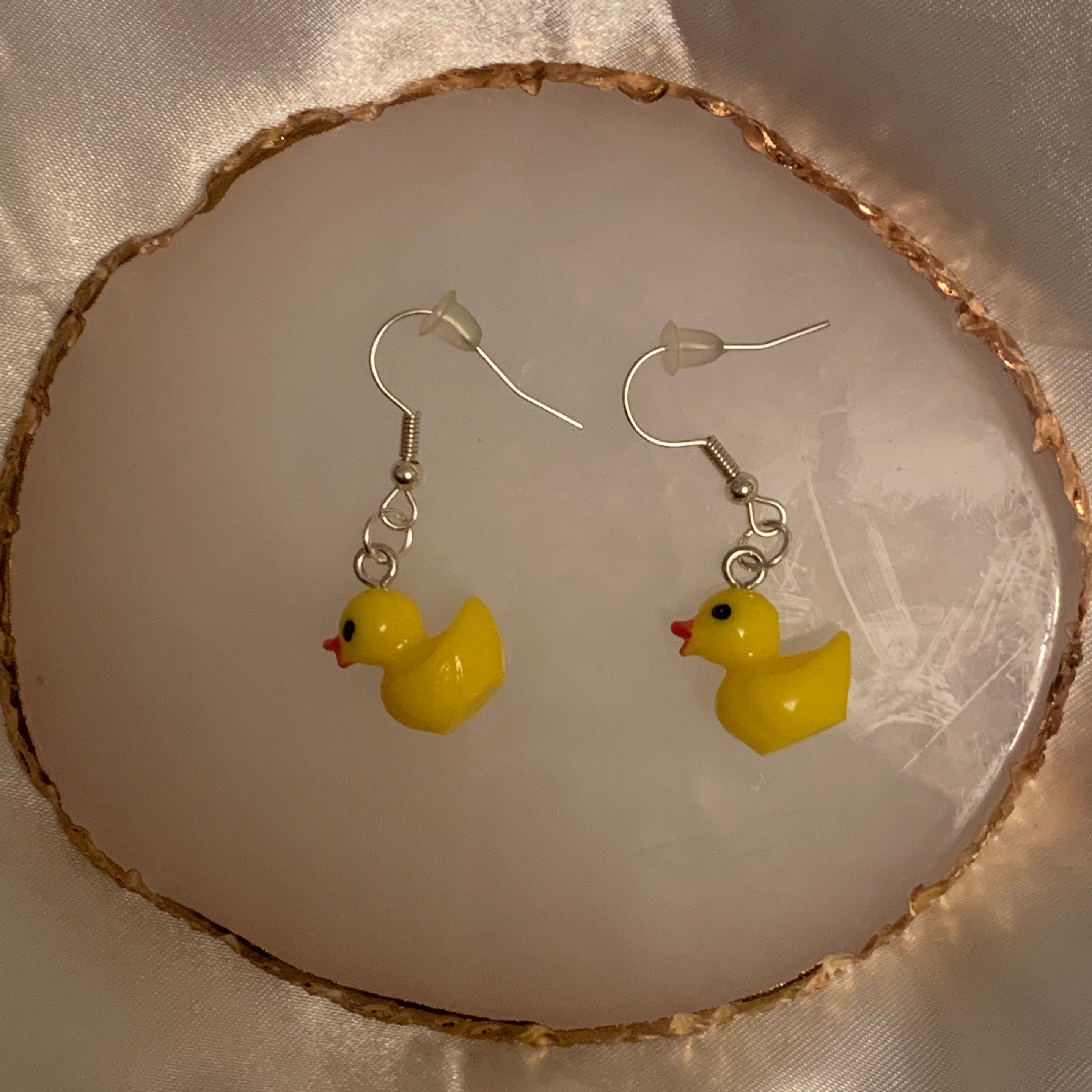 Silver yellow rubber duck hook earrings Etsy