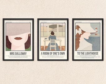 Virginia Woolf Poster Set of 3 | To The Lighthouse | Mrs Dalloway | A Room of One&#39;s Own Retro Book Cover Art | Book Lover Literature Gift |