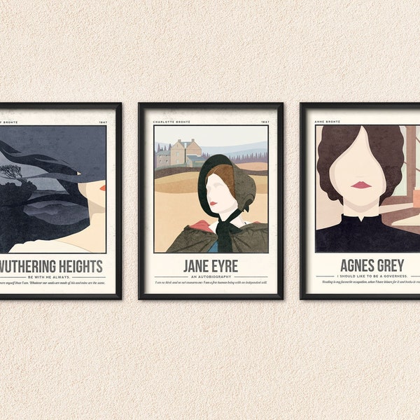 Brontë Sisters Poster Set of 3 | Wuthering Heights | Jane Eyre | Agnes Grey | Retro Book Cover Art | Book Lover Gift | Bookish Home Decor