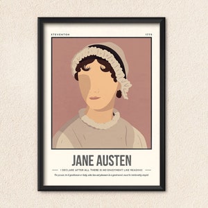 May include: A vintage-style poster featuring a portrait of Jane Austen, an English novelist known for her social commentary. The poster has a pink background and features the quote "I declare after all there is no enjoyment like reading!" in black text.