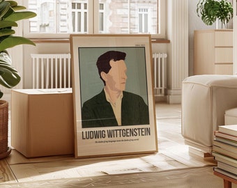 May include: A framed poster with a minimalist illustration of Ludwig Wittgenstein, a philosopher, in a green jacket and a blue shirt. The poster has the text "1889-1951" and "LUDWIG WITTGENSTEIN" in black text. The text "The limits of my language mean the limits of my world" is in smaller black text below the name.