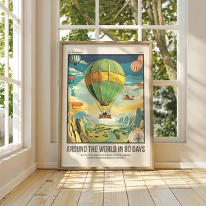 Impresión de La vuelta al mundo en 80 días / Portada del libro de Julio Verne / Arte mural con cita / Póster retro / Regalo literario para amantes de los libros