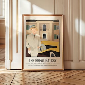 Impresión de El gran Gatsby / Portada del libro de F. Scott Fitzgerald / Arte mural con cita / Póster literario retro / Arte literario para amantes de los libros / Regalo para amantes de los libros