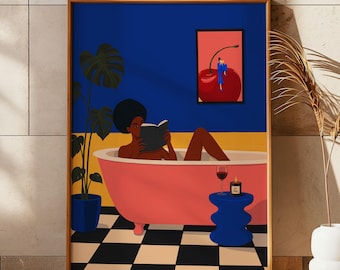Black Woman Reading in Bath Print | Bookish Bathroom Wall Art | Dopamine Decor