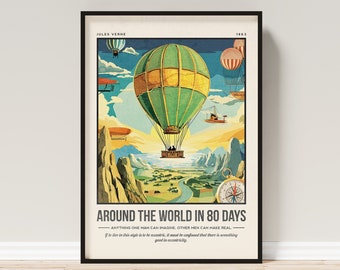 Le tour du monde en 80 jours Impression | Couverture de livre Jules Verne | Art mural citation | Affiche de livre rétro | Cadeau littérature amoureux des livres