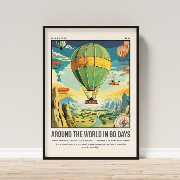 Around the World in 80 Days Print | Jules Verne Book Cover Art | Quote Wall Art | Retro Book Poster | Book Lover Literature Gift
