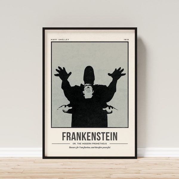 Frankenstein | Couverture du livre Shelley de Mary Wollstonecraft | Art mural citation | Affiche littéraire rétro | Amoureux des livres, littérature d'art, cadeau livresque |