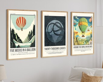 Jules Verne Poster Set of 3 | Classic Novel Print Set | Around the World in 80 Days | 5 Weeks in a Balloon | 20000 Leagues Under the Sea Art