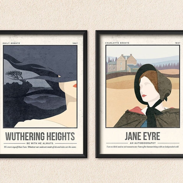 Ensemble de 2 affiches Brontë Sisters | Hauteurs de Wuther | Jane Eyre | Couverture de livre rétro | Cadeau littéraire pour amoureux des livres | Décoration d'intérieur livresque