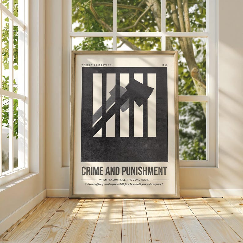 Op de afbeelding: Een zwart-witte poster met een minimalistisch ontwerp met een bijl en tralies, die de roman "Schuld en Boete" van Fjodor Dostojevski representeren. De tekst "Wanneer de rede faalt, helpt de duivel" is onder de titel opgenomen.