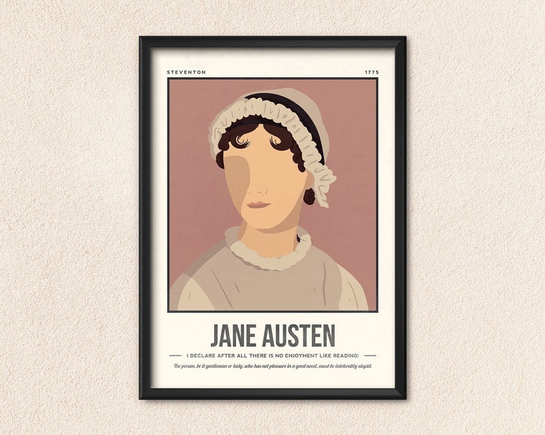 May include: A vintage-style poster featuring a portrait of Jane Austen, an English novelist known for her social commentary. The poster has a pink background and features the quote "I declare after all there is no enjoyment like reading!" in black text.