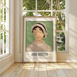 May include: A poster with a green background featuring a portrait of Jane Austen, a famous English novelist. The quote "I declare after all there is no enjoyment like reading." is printed below the portrait.