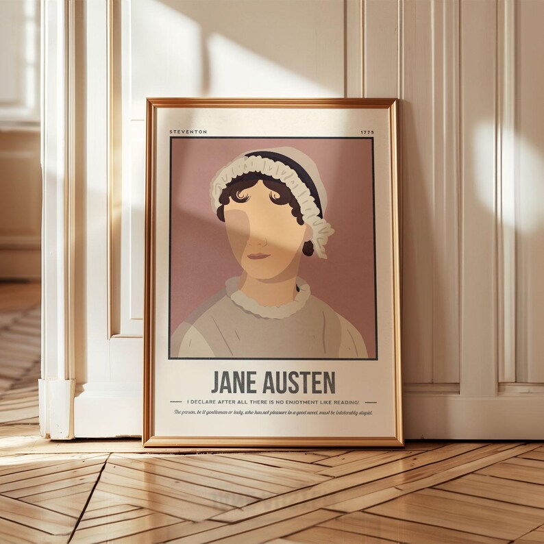 May include: A poster with a pink background featuring a portrait of Jane Austen, a famous English novelist. The poster has the text "STEVENTON 1778" and "JANE AUSTEN" in black text. The quote "I DECLARE AFTER ALL THERE IS NO ENJOYMENT LIKE READING" is also included in black text.