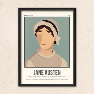 May include: A minimalist poster featuring a portrait of Jane Austen, a famous English novelist. The poster has a blue background and features a quote from Austen: "I declare after all there is no enjoyment like reading!"