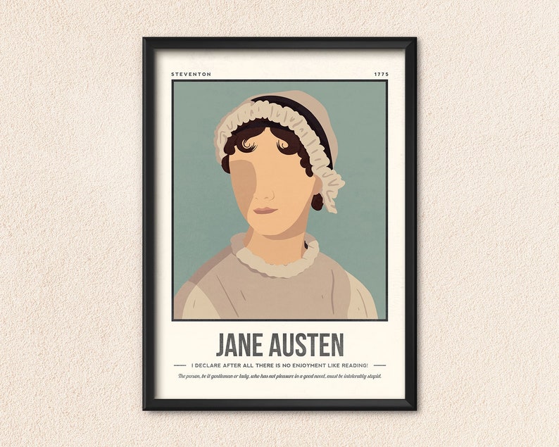 May include: A minimalist poster featuring a portrait of Jane Austen, a famous English novelist. The poster has a blue background and features a quote from Austen: "I declare after all there is no enjoyment like reading!"