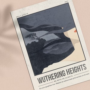 May include: A vintage-style poster with a dark blue and gray illustration of a woman's face and hair blowing in the wind. The text "Wuthering Heights" is in large, bold letters at the bottom of the poster. The text "Be with me always." is below the title. The poster has a distressed, textured look.