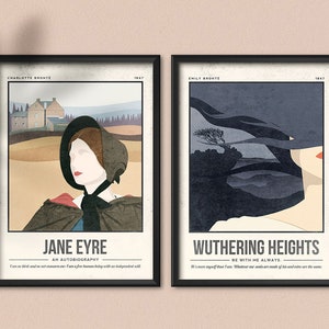 May include: Two book covers with minimalist illustrations. The left cover is for Jane Eyre, an autobiography by Charlotte Bronte, published in 1847. The right cover is for Wuthering Heights by Emily Bronte, published in 1847. Both covers feature a woman in a dark dress and a quote from the book.