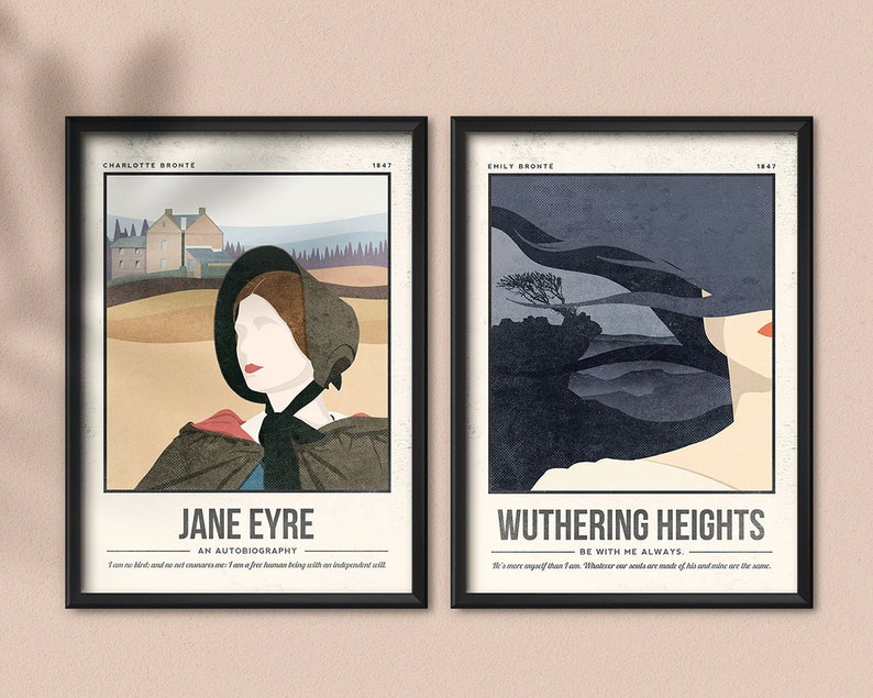 May include: Two book covers with minimalist illustrations. The left cover is for Jane Eyre, an autobiography by Charlotte Bronte, published in 1847. The right cover is for Wuthering Heights by Emily Bronte, published in 1847. Both covers feature a woman in a dark dress and a quote from the book.